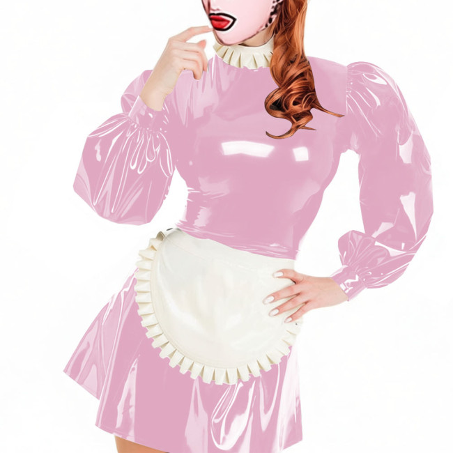 Party Lockable Maid Uniforms Puff Long Sleeves PVC Shiny Sexy Mini A-line Pleated Maid Dress with Apron Carnival Cosplay Costume