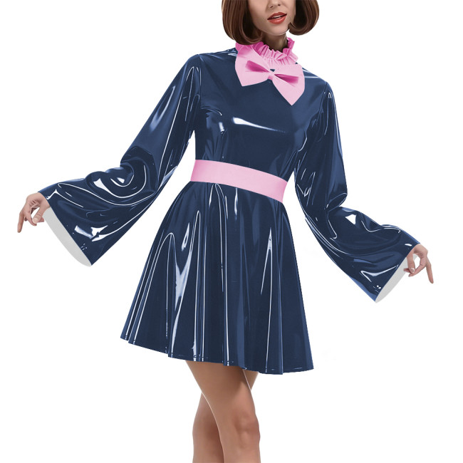 Lockable Vinyl PVC Maid Outfits Womens Flared Sleeves Ruffles Collar A-line Dress with Belt Carnival Cosplay Clubwear Costume