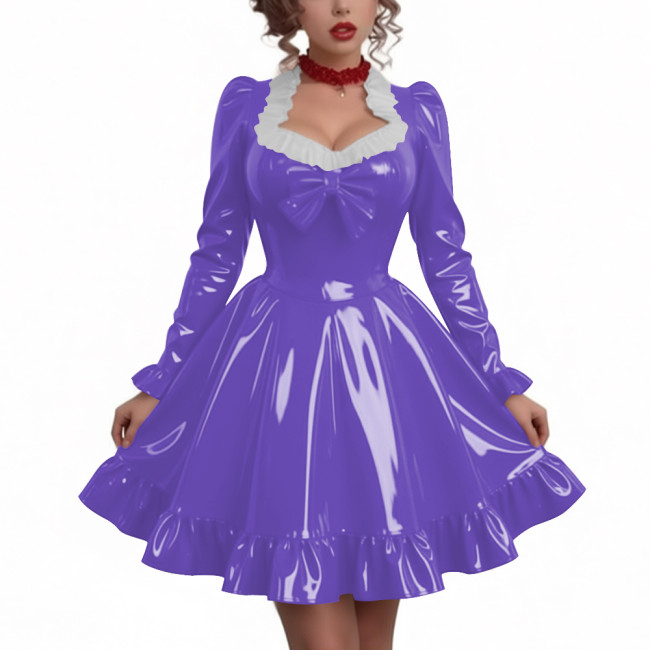 Women Sweetheart Neck Long Sleeve Party Dresses Chic Princess Ruffles Hem Pleated Short Dress Shiny PVC Leather Club Porm Dress