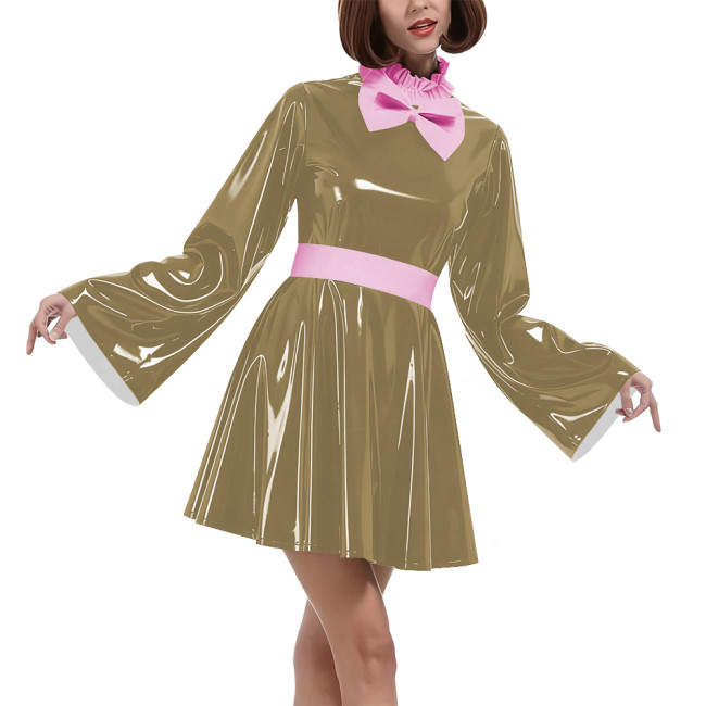 Lockable Vinyl PVC Maid Outfits Womens Flared Sleeves Ruffles Collar A-line Dress with Belt Carnival Cosplay Clubwear Costume