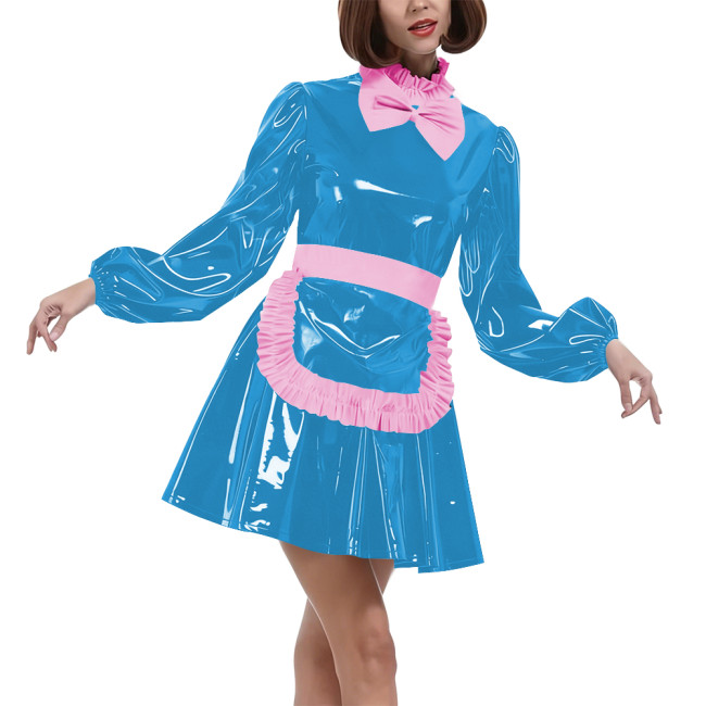 Lolita Puff Long Sleeves Maid Uniforms Halloween Theme Party Cosplay Costume Lockable PVC Leather Bow Pleated Dress with Apron