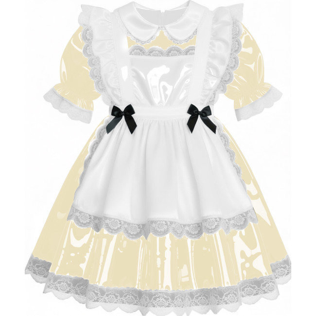 Sweet French Maid Servant Cosplay Dress Lockable Puff Short Sleeve Lace Trim PVC A-line Maid Dress for Halloween Carnival Party