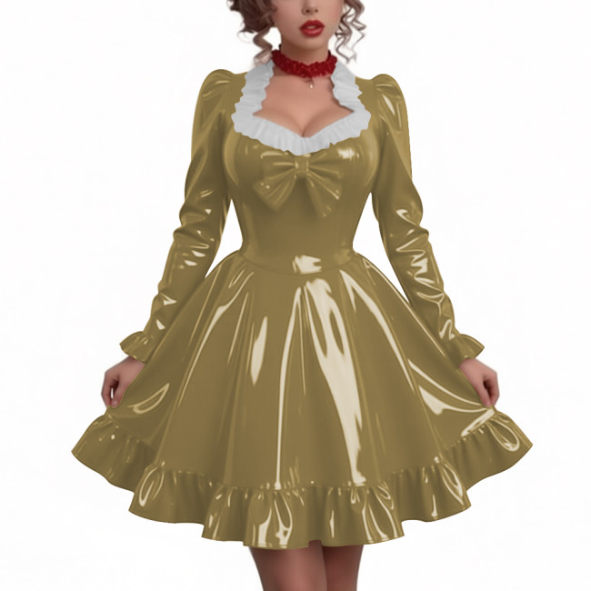 Women Sweetheart Neck Long Sleeve Party Dresses Chic Princess Ruffles Hem Pleated Short Dress Shiny PVC Leather Club Porm Dress