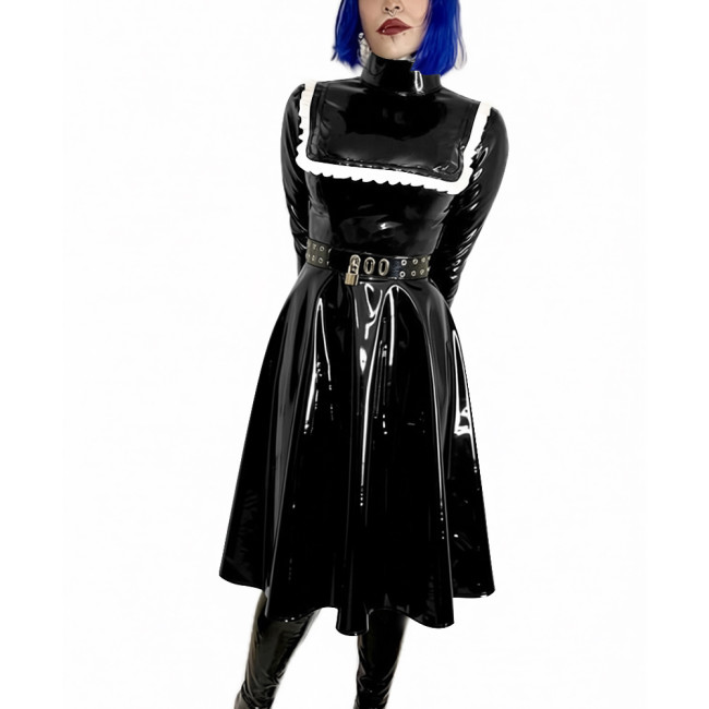 High Neck Midi Dress Woman Pleated Long Sleeves PVC Shiny A-line Dress Elegant Party Dresses Wetlook Formal Gowns Streetwear