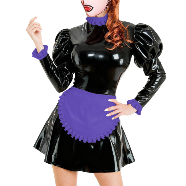 Lolita Adult Naughty Maid Uniform Glossy PVC Leather French Apron Maid Dress Ruffles Trim Puff Long Sleeve Dress Outfits Cosplay