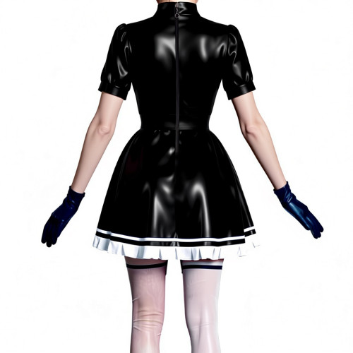 New Elegant High Waist Mini Party Dresses Women Stylish Short Sleeve Pleated Sundress PU Matte Leather A Line Ruffles Vestidos