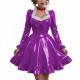 Women Sweetheart Neck Long Sleeve Party Dresses Chic Princess Ruffles Hem Pleated Short Dress Shiny PVC Leather Club Porm Dress
