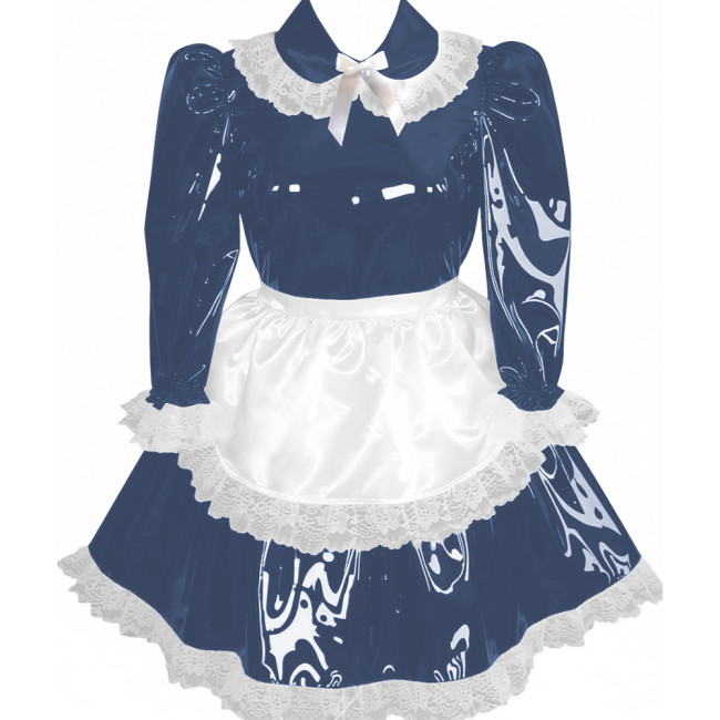 Lockable Pleated Maid Cosplay Dress with Apron Adult Wet Look PVC Leather A-line Maid Dress Party Carnival Maid Role Play Dress