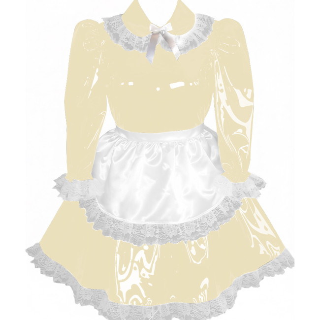 Lockable Pleated Maid Cosplay Dress with Apron Adult Wet Look PVC Leather A-line Maid Dress Party Carnival Maid Role Play Dress