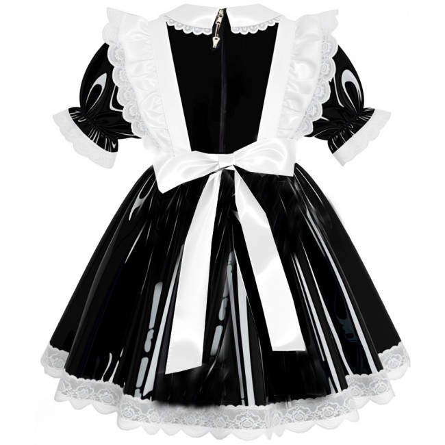 Sweet French Maid Servant Cosplay Dress Lockable Puff Short Sleeve Lace Trim PVC A-line Maid Dress for Halloween Carnival Party