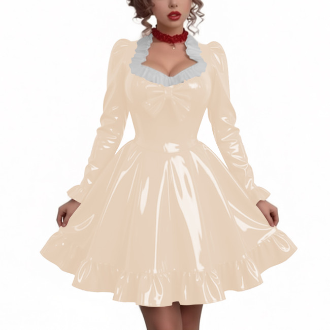 Women Sweetheart Neck Long Sleeve Party Dresses Chic Princess Ruffles Hem Pleated Short Dress Shiny PVC Leather Club Porm Dress
