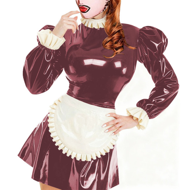 Sissy Servants Maid Mini Dress with Lock Ruffles Collar Long Sleeve PVC Glossy Leather A-Line Maid Dresses Party Cosplay Outfits