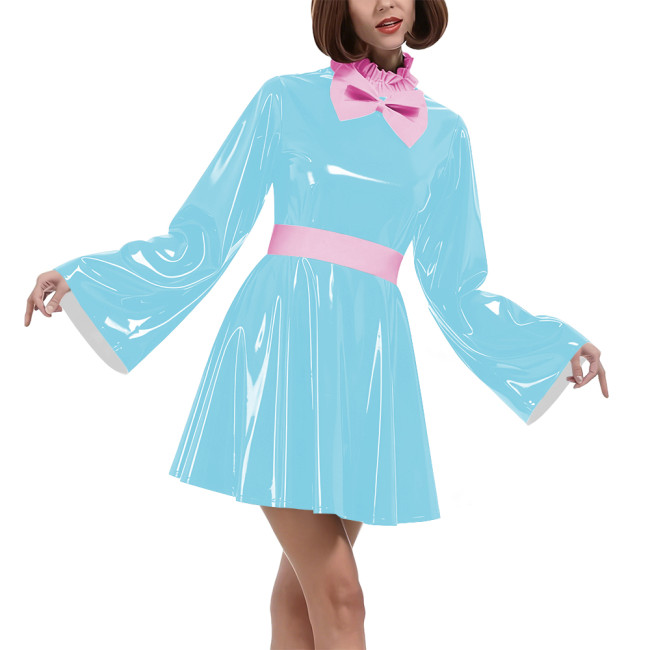 Lockable Vinyl PVC Maid Outfits Womens Flared Sleeves Ruffles Collar A-line Dress with Belt Carnival Cosplay Clubwear Costume
