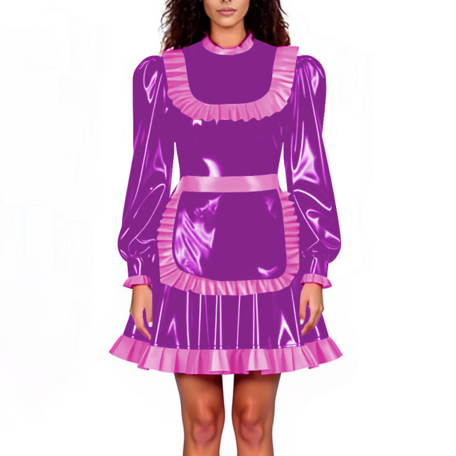 Lockable Maid Servant PVC Shiny Dress Outfits Adult Cosplay Ruffles Hem Apron Pleated A-line Dresses Halloween Party Clubwear