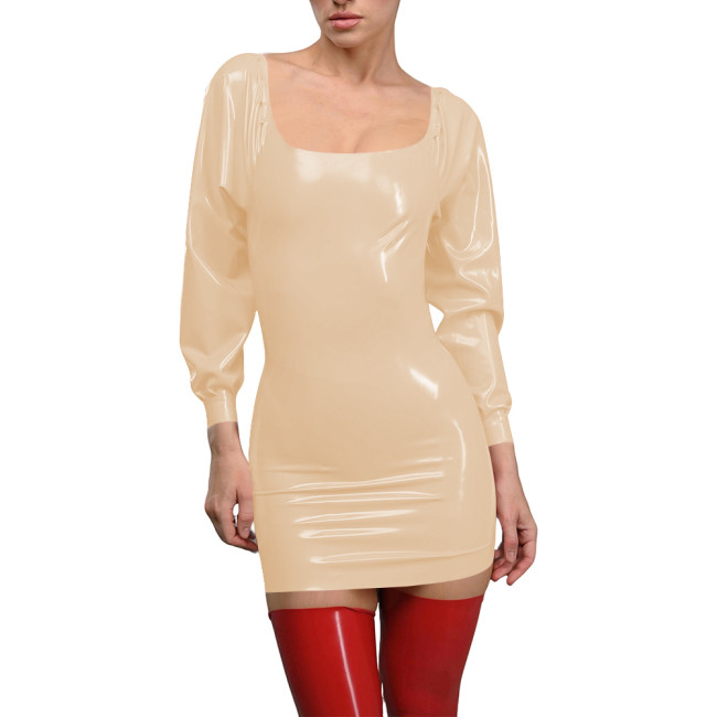 Vintage PVC Shiny Square Collar Mini Dress for Women Long Sleeve Elegant Bodycon Vestidos Sexy Night Dress Glossy Leather Outfit