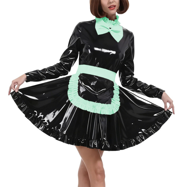 Elegant Bow Maid Uniforms Lockable Glossy PVC Leather Long Sleeve Maid Dresses with Apron Crossdresser Role Play Maid Costume