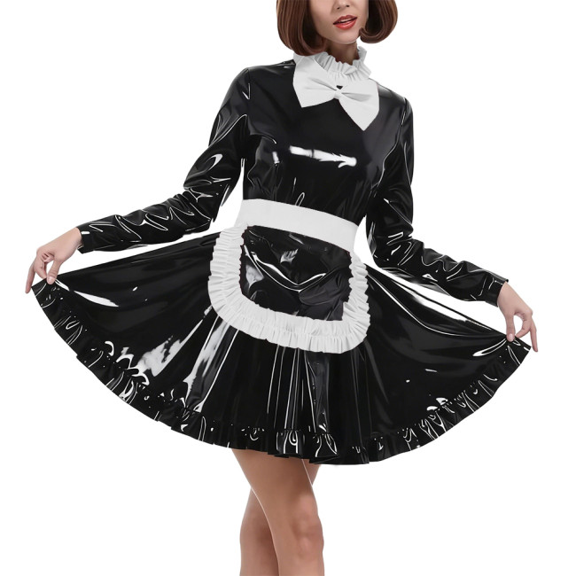Elegant Bow Maid Uniforms Lockable Glossy PVC Leather Long Sleeve Maid Dresses with Apron Crossdresser Role Play Maid Costume