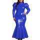 Plus Size Elegant High Neck Long Mermaid Dress for Womens Glossy PVC Leather Ruffles Slim Fit Dress Coctail Party Club Vestidos