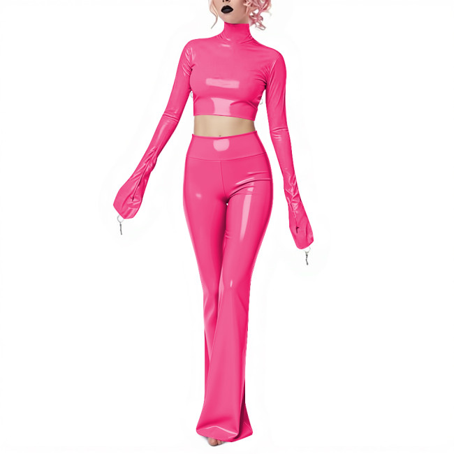 Fetish Gothic Latex-look Pants Set Vinyl PVC Leather Club 2 Piece Outfits Full Sleeve Slim Crop Top High Waist Long Flared Pant