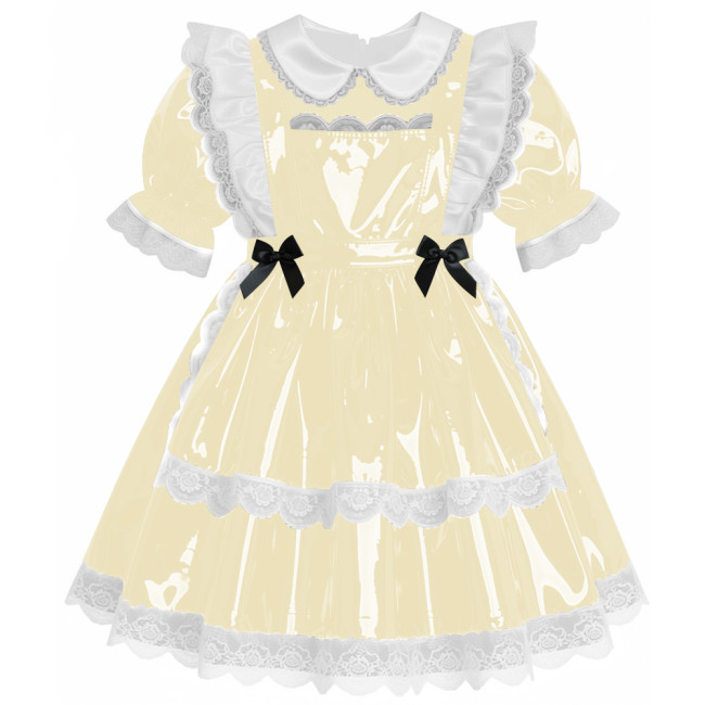 Sweet Preppy Glossy Lace Trims A-line Maid Dress Lockable PVC Leather Mini Dress with Apron Sissy Party Role Play Maid Uniform