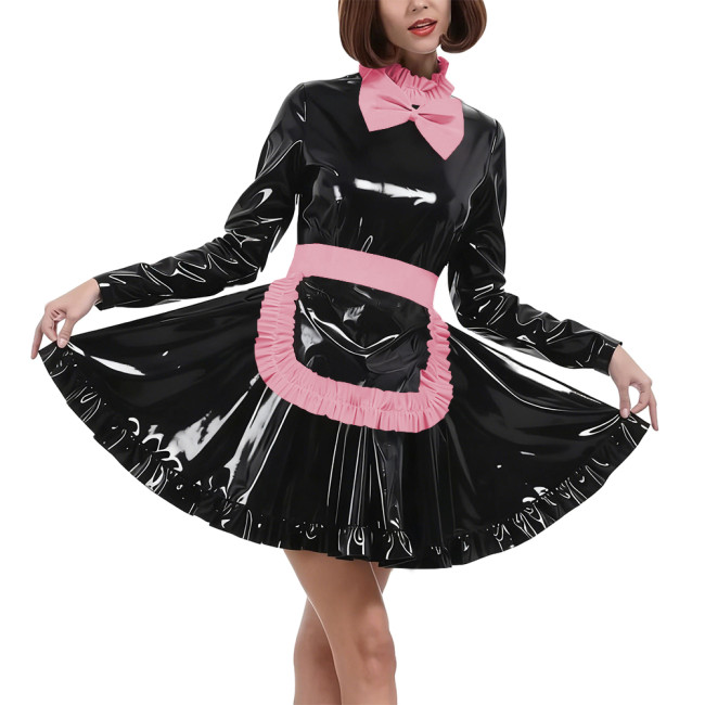 Elegant Bow Maid Uniforms Lockable Glossy PVC Leather Long Sleeve Maid Dresses with Apron Crossdresser Role Play Maid Costume