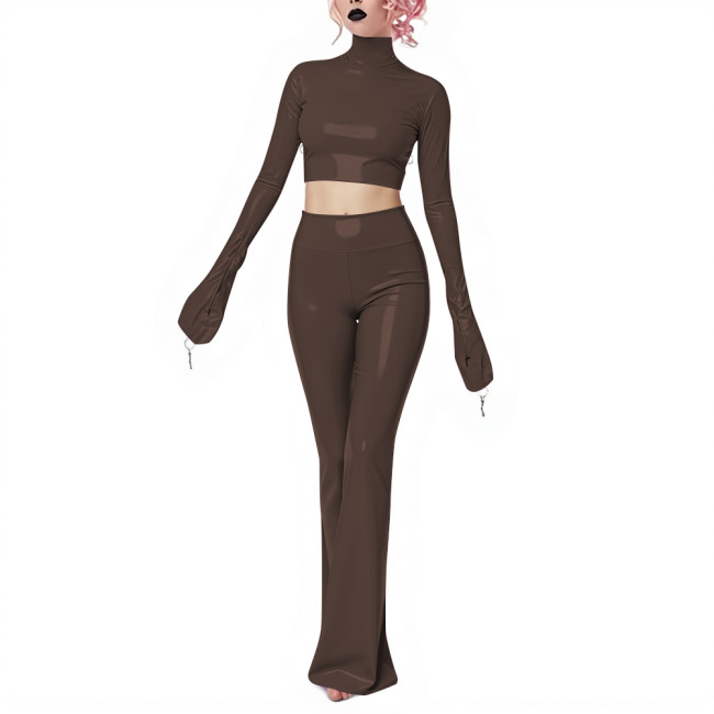 Fetish Gothic Latex-look Pants Set Vinyl PVC Leather Club 2 Piece Outfits Full Sleeve Slim Crop Top High Waist Long Flared Pant