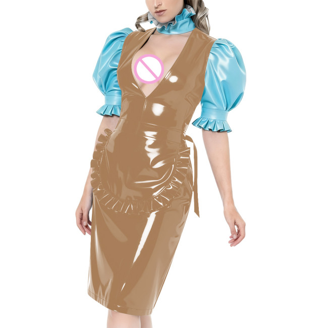 Puff Short-Sleeved Elegant Maid Dress Sexy Party Shiny PVC Women V-neck Colorblock Bodycon Maid Dress with Apron Cosplay Outfits