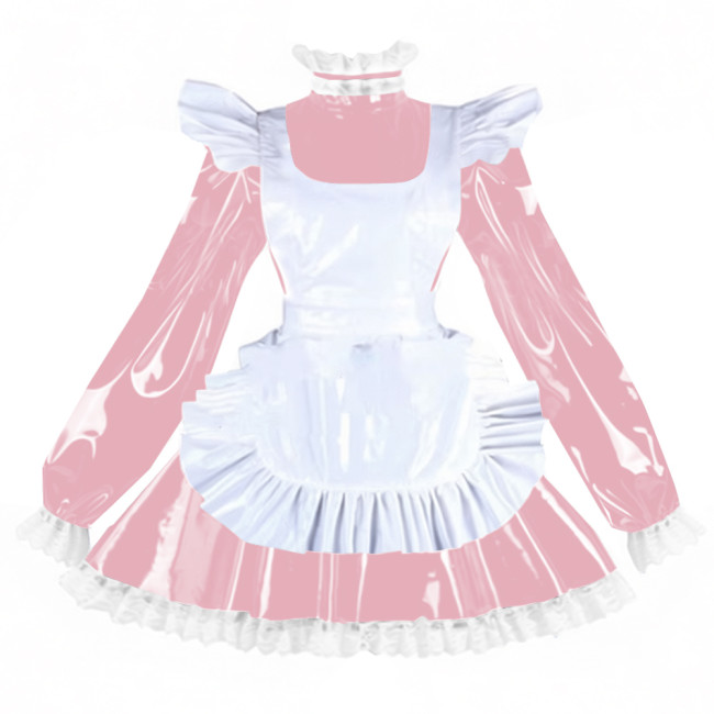 Sissy PVC Shiny Leather Maid Servant Uniform Lockable A-line Ruffles Lace Cosplay Maid Dress with Apron Halloween Party Outfits