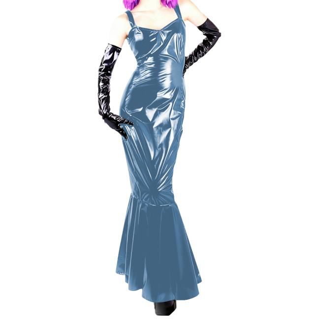 Womens Sexy PVC Glossy Leather Sling Long Dress Nightclub Wetlook Sleeveless Off-shoulder Slim Mermaid Dress Evening Party Gowns