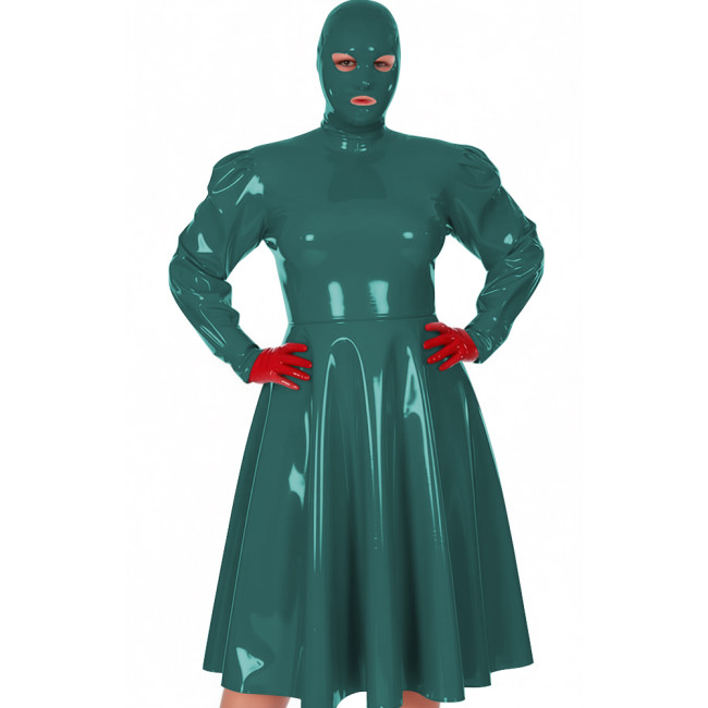 Plus Size Exotic Midi Masked Dress Women's Chic Long Sleeve Pleated A-line Dress Vinyl PVC Leather Nightclub Party Hooded Dress