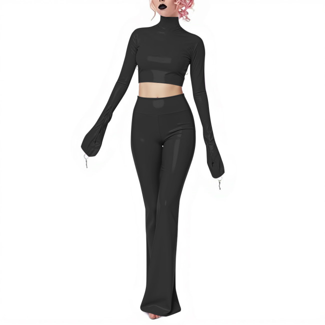 Fetish Gothic Latex-look Pants Set Vinyl PVC Leather Club 2 Piece Outfits Full Sleeve Slim Crop Top High Waist Long Flared Pant