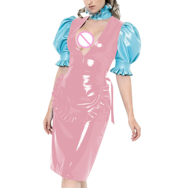 Puff Short-Sleeved Elegant Maid Dress Sexy Party Shiny PVC Women V-neck Colorblock Bodycon Maid Dress with Apron Cosplay Outfits