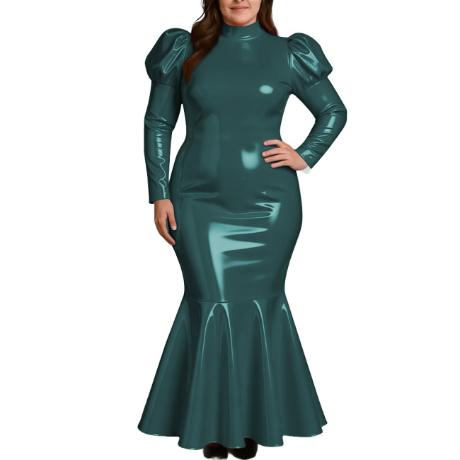 Plus Size Elegant High Neck Long Mermaid Dress for Womens Glossy PVC Leather Ruffles Slim Fit Dress Coctail Party Club Vestidos