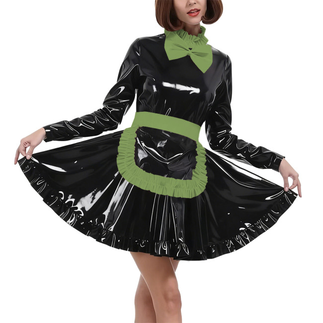 Elegant Bow Maid Uniforms Lockable Glossy PVC Leather Long Sleeve Maid Dresses with Apron Crossdresser Role Play Maid Costume