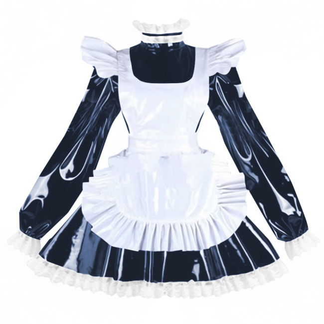 Sissy PVC Shiny Leather Maid Servant Uniform Lockable A-line Ruffles Lace Cosplay Maid Dress with Apron Halloween Party Outfits