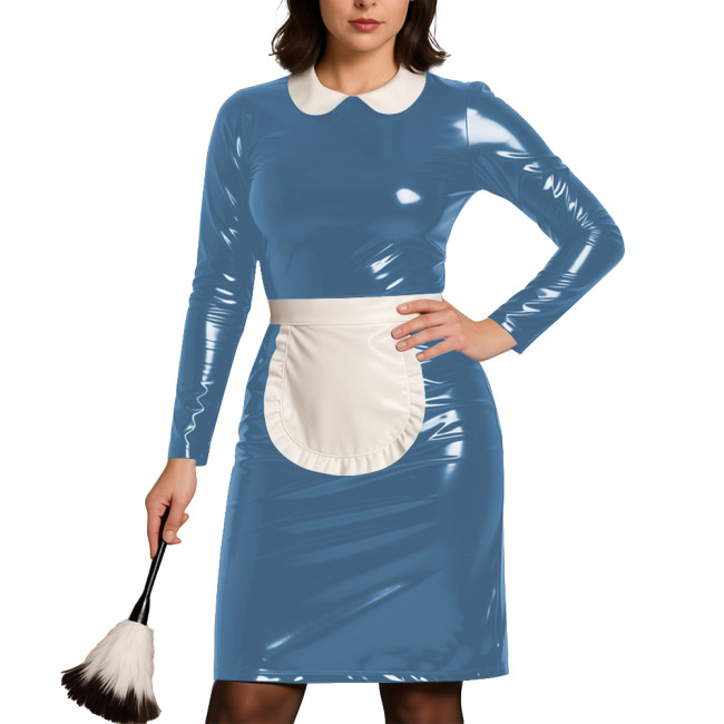 Womens Party Cosplay Maid Uniform Wetlook PVC Leather Long Sleeve Bodycon Maid Dress with Apron Festival Role Play Costumes