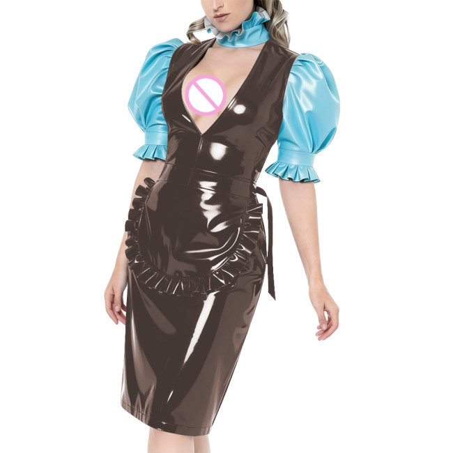 Puff Short-Sleeved Elegant Maid Dress Sexy Party Shiny PVC Women V-neck Colorblock Bodycon Maid Dress with Apron Cosplay Outfits
