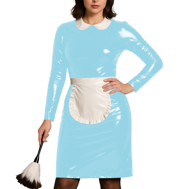 Womens Party Cosplay Maid Uniform Wetlook PVC Leather Long Sleeve Bodycon Maid Dress with Apron Festival Role Play Costumes