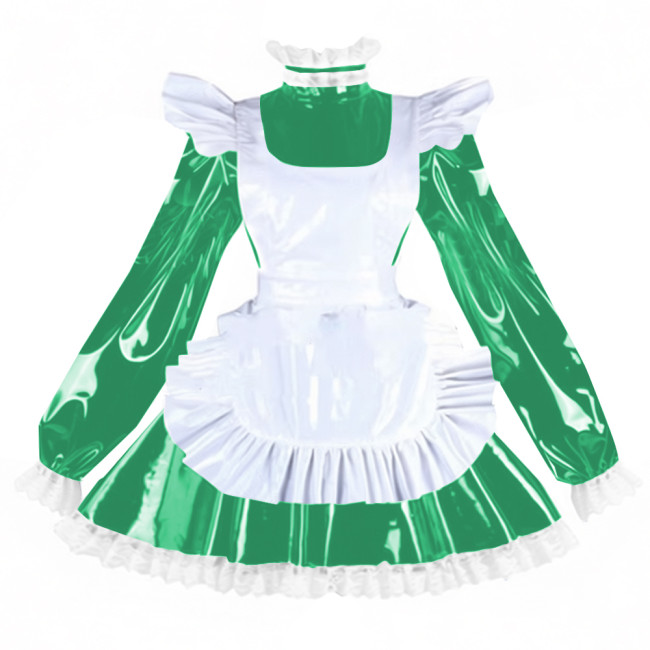 Sissy PVC Shiny Leather Maid Servant Uniform Lockable A-line Ruffles Lace Cosplay Maid Dress with Apron Halloween Party Outfits