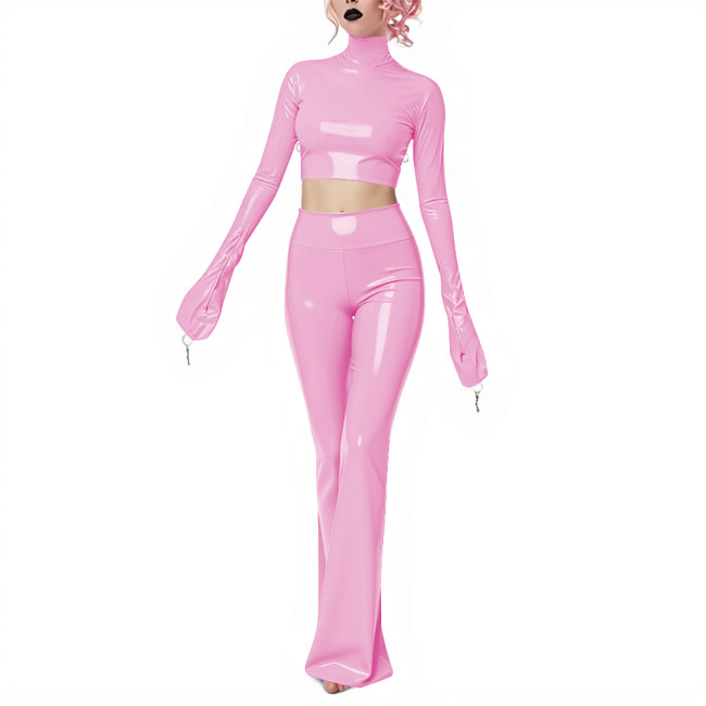 Fetish Gothic Latex-look Pants Set Vinyl PVC Leather Club 2 Piece Outfits Full Sleeve Slim Crop Top High Waist Long Flared Pant