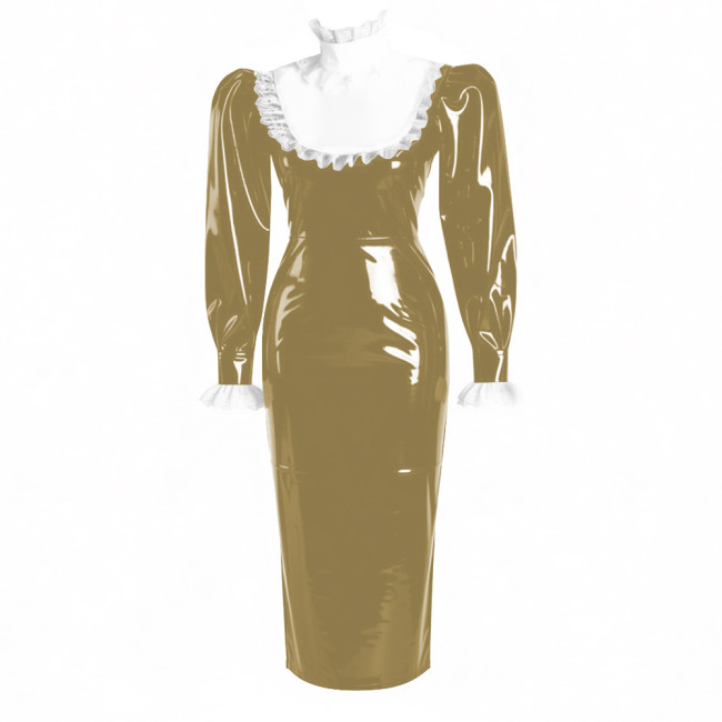 Ruffles Lace High Neck Lolita Long Pencil Dress With Lock Elegant Women Puff Long Sleeve PVC Shiny Leather Slim Party Dresses