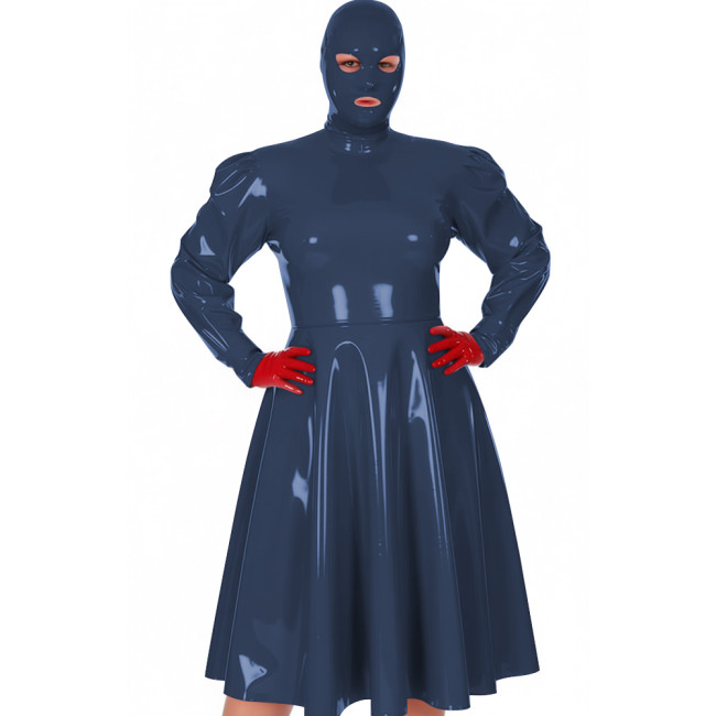 Plus Size Exotic Midi Masked Dress Women's Chic Long Sleeve Pleated A-line Dress Vinyl PVC Leather Nightclub Party Hooded Dress