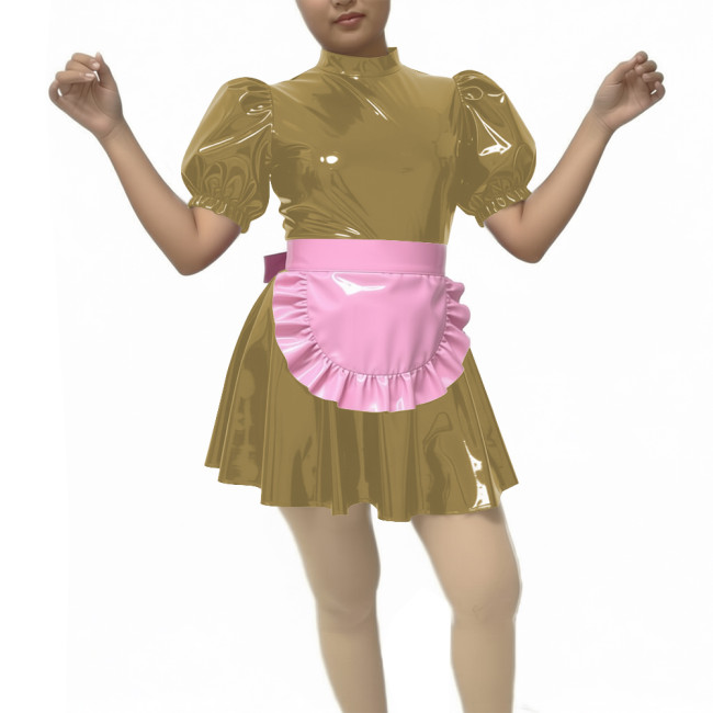 New Sissy PVC Puff Short Sleeve Maid Dress Outfits Wetlook Sissy Cosplay High Neck Maid Set Halloween Carnival Party Costume