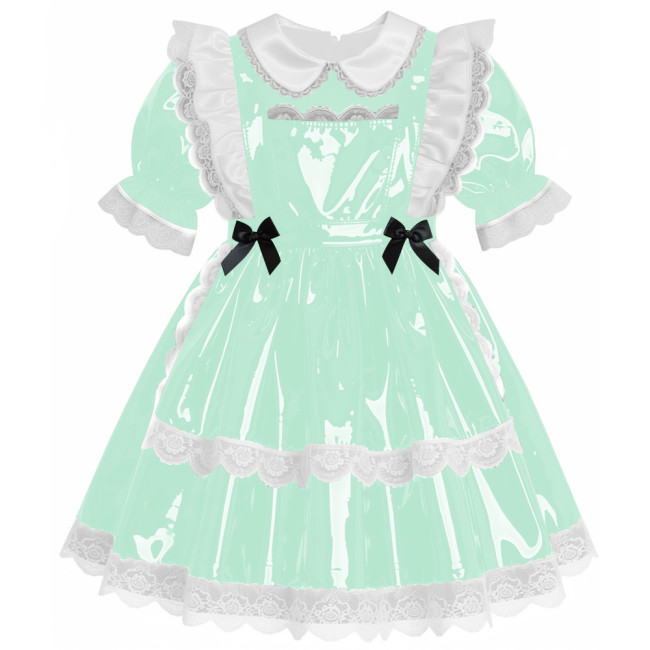 Sweet Preppy Glossy Lace Trims A-line Maid Dress Lockable PVC Leather Mini Dress with Apron Sissy Party Role Play Maid Uniform