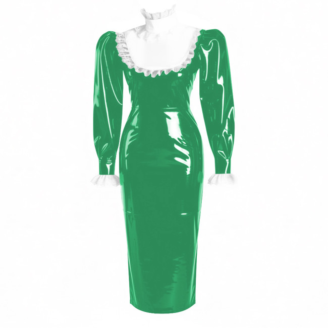 Ruffles Lace High Neck Lolita Long Pencil Dress With Lock Elegant Women Puff Long Sleeve PVC Shiny Leather Slim Party Dresses