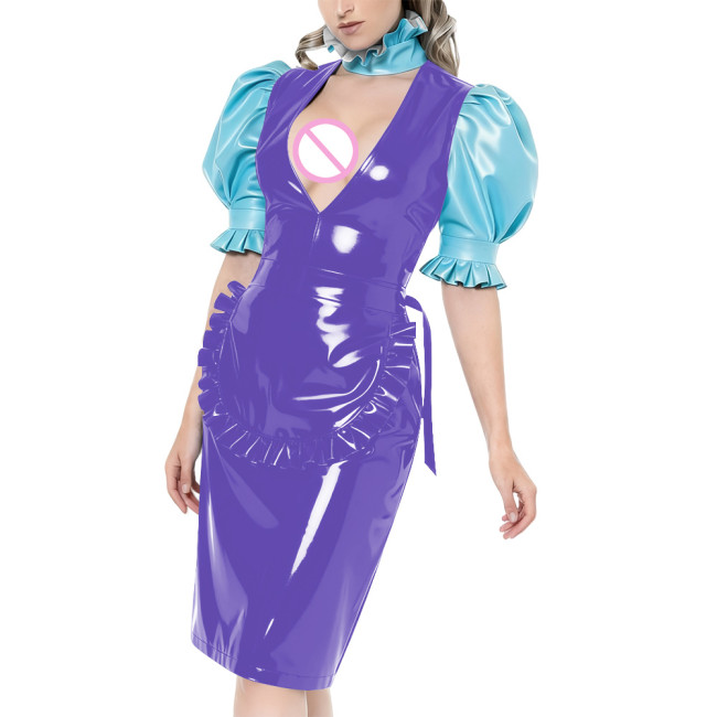 Puff Short-Sleeved Elegant Maid Dress Sexy Party Shiny PVC Women V-neck Colorblock Bodycon Maid Dress with Apron Cosplay Outfits