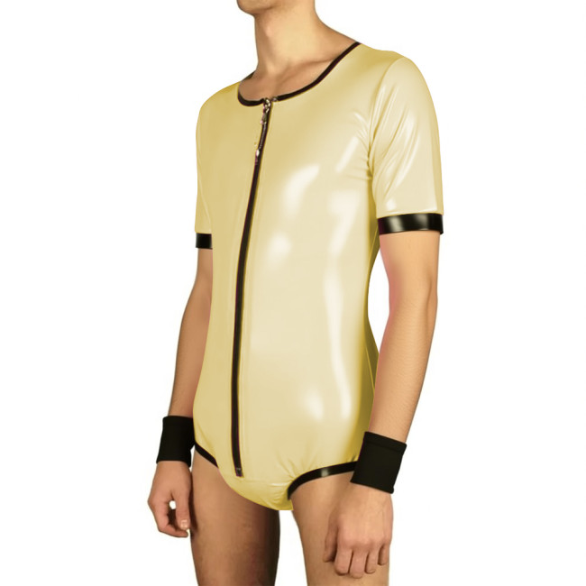 Mens Short Sleeve Lockable Leotard Wetlook Cosplay Bodysuit Vinyl PVC Leather Undershirt Rompers Male Clubwear Zipper Slim Tops