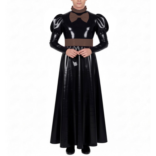 Mens Sissy Crossdress Long Maid Dresses with Lock Lolita Bow Vinyl PVC Leather Maid Dress Outfits Party Servant Cosplay Costume