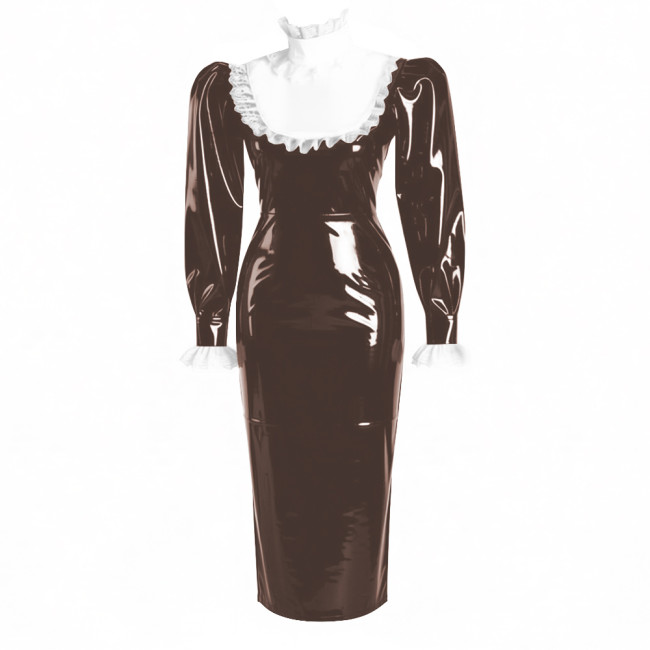 Ruffles Lace High Neck Lolita Long Pencil Dress With Lock Elegant Women Puff Long Sleeve PVC Shiny Leather Slim Party Dresses