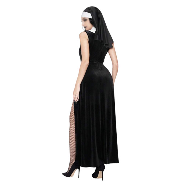 Carnival Cosplay Nun Dress Outfits Sexy High Slit Sleeveless Long Dress with Nun Veil Sexy Women's Halloween Party Costume 7XL